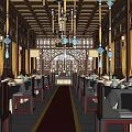 Traditional Chinese Banquet Hall Interior With Chandeliers Screens And Red Carpet