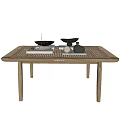 Minimalist Wooden Coffee Table With Tea Set And Decorative Items In Living Room