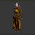 A Man with Gray Hair Wearing Brown Armor and Robe with Red Yellow Decorations
