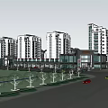 Modern Commercial Street With Branded Shops Pedestrians Green Plants And High Rise Buildings