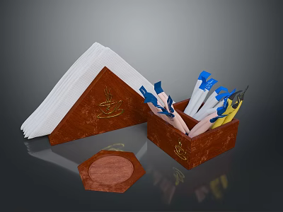 Decorative Brown Storage Boxes With White Tissues Blue White Yellow Decorations And Coaster 3d model