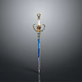 Elegant Ornate Decorative Sword With Blue Blade And Gold Embellished Hilt