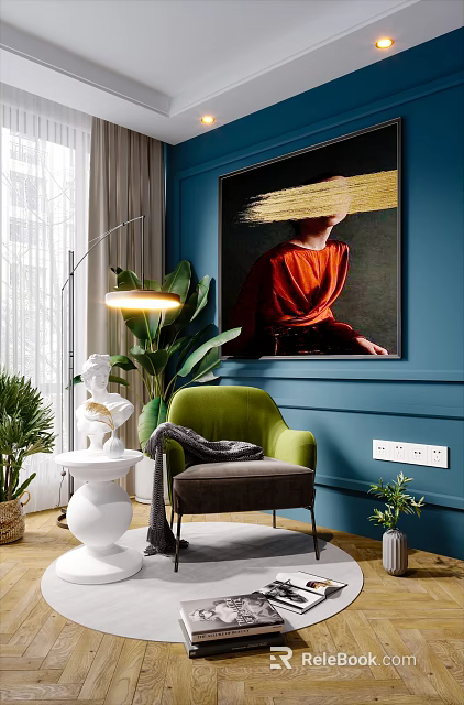 Modern Interior With Green Single Sofa Blue Wall Painting Floor Lamp And Plants 3d model 