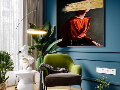 Modern Interior With Green Single Sofa Blue Wall Painting Floor Lamp And Plants 3d model