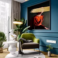 Modern Interior With Green Single Sofa Blue Wall Painting Floor Lamp And Plants