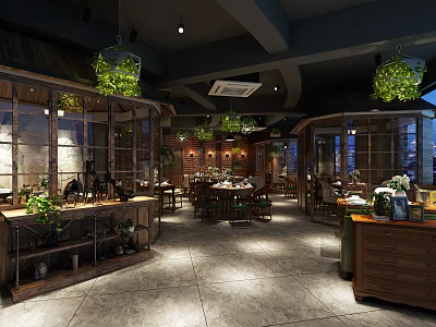 Rustic Restaurant Interior Design With Wooden Elements Green Hanging Plants And Dining Tables 3d model