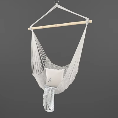 Stylish White Woven Hammock Chair With Wooden Bar And Soft Cushion 3d model