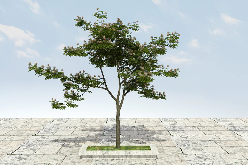 Tall Arbor With Green Leaves And Pink Flowers On Stone Pavement Under Blue Sky 3d model 
