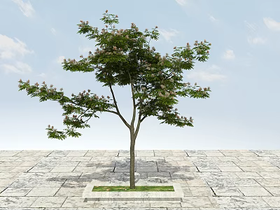 Tall Arbor With Green Leaves And Pink Flowers On Stone Pavement Under Blue Sky 3d model