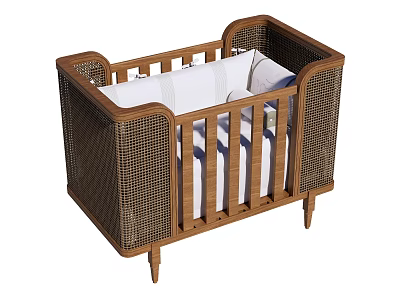 Wooden Baby Crib With Rattan Side Panels And White Mattress Liner 3d model