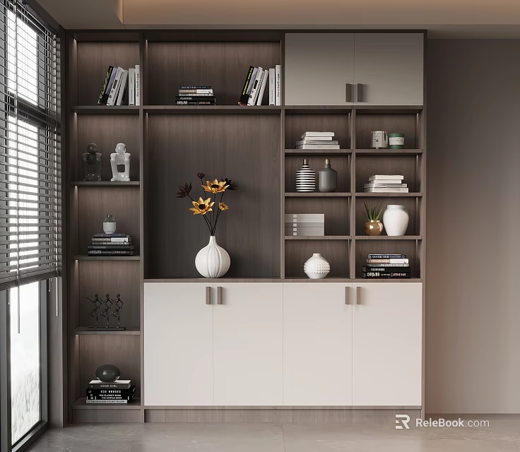 Modern White And Dark Wood Bookshelf With Books Decorative Vase And Ornaments 3d model 