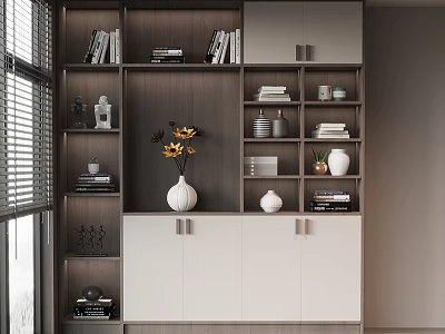 Modern White And Dark Wood Bookshelf With Books Decorative Vase And Ornaments 3d model