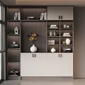 Modern White And Dark Wood Bookshelf With Books Decorative Vase And Ornaments