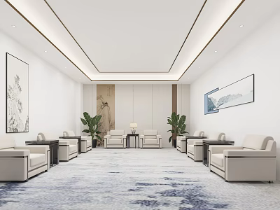 Modern Reception Area With Light Colored Sofas Green Plants Decorative Paintings And Patterned Carpet 3d model