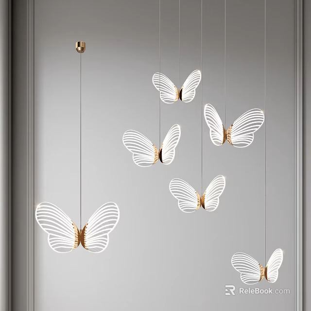 Stylish Butterfly Shaped Chandelier Hanging With White Gold Design On Gray Wall Background 3d model 