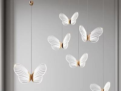 Stylish Butterfly Shaped Chandelier Hanging With White Gold Design On Gray Wall Background 3d model
