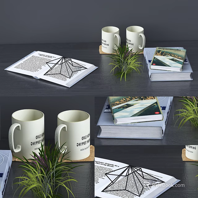Two White Mugs on Dark Tabletop with Open Newspaper Stacked Books and Small Green Plant 3d model 