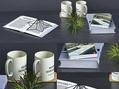Two White Mugs on Dark Tabletop with Open Newspaper Stacked Books and Small Green Plant 3d model