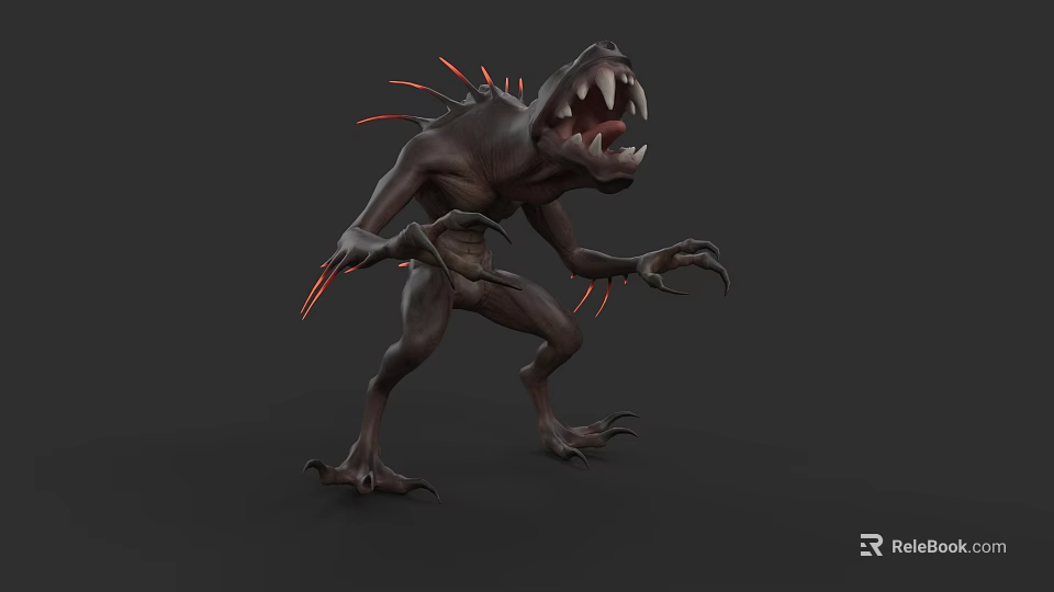 Dark Skin Monster With Sharp Teeth Red Spines And Claws In Aggressive Stance 3d model 