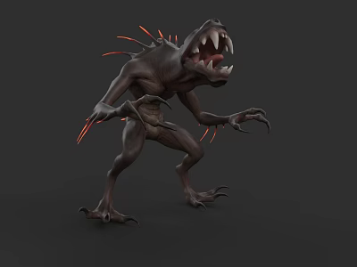 Dark Skin Monster With Sharp Teeth Red Spines And Claws In Aggressive Stance 3d model
