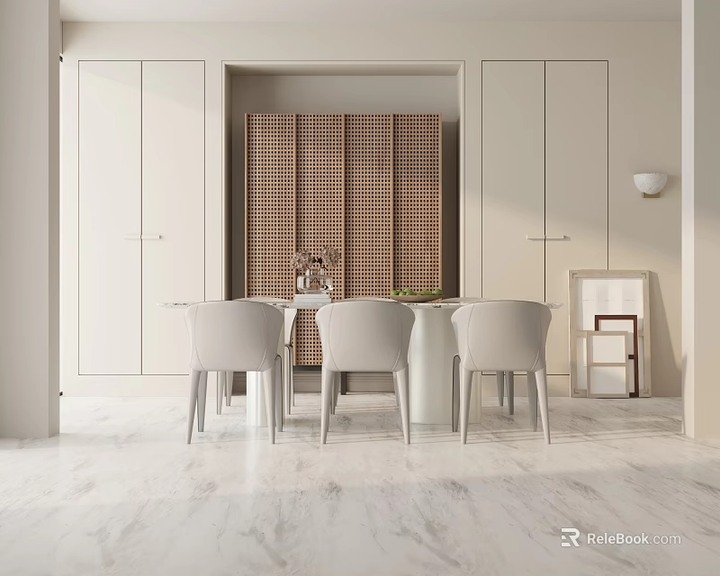 Modern Minimalist Dining Table Set With White Table Gray Chairs And Rattan Cabinets 3d model 