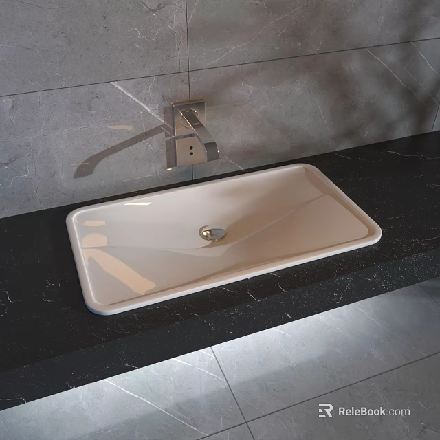 Sleek Modern White Rectangular Washbasin With Black Countertop And Silver Faucet 3d model