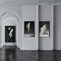 Modern Interior With White Walls Black White Artworks Arched Doorway Black Sculpture Dark Marble Floor