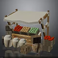 Fresh Fruit Stall With White Canopy Colorful Red Yellow Green Fruits Wooden Barrels And Crates