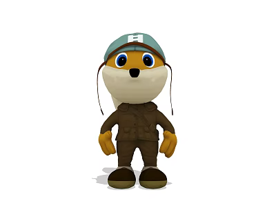 Cute Animal Stuffed Toy With Light Blue Hat Brown Outfit And Big Blue Eyes 3d model
