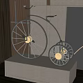 Vintage Bicycle Decorative Ornament Set On White Stand With Gray Wall Green Plant And Magazine
