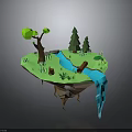 Modern 3D Low Poly Floating Island Design With Trees Stream And Waterfall 3d model