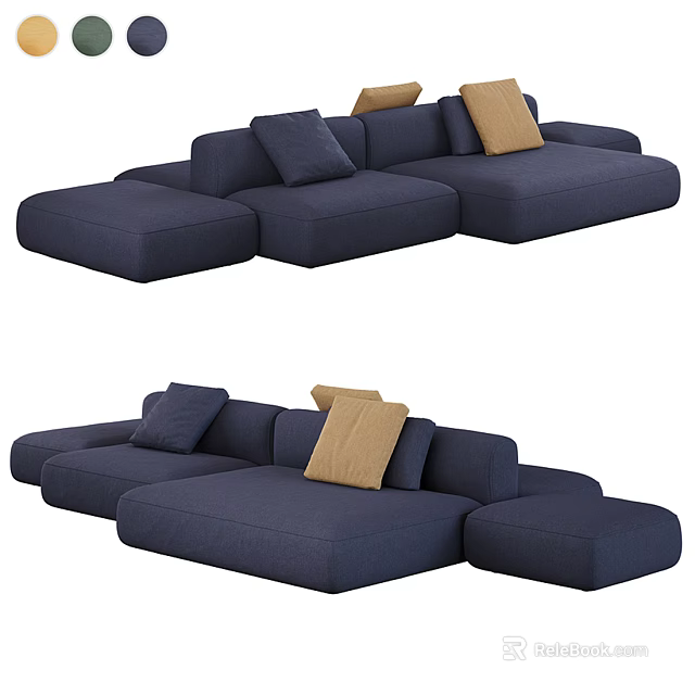 Navy Blue Sectional Sofa With Tan Accent Cushions And Modern Fabric Design 3d model 