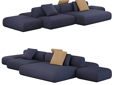 Navy Blue Sectional Sofa With Tan Accent Cushions And Modern Fabric Design 3d model