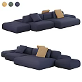 Navy Blue Sectional Sofa With Tan Accent Cushions And Modern Fabric Design