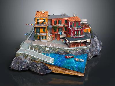 Cartoon Scene of Colorful Houses on Rock with Small Bridge and Boats in Water 3d model