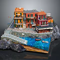 Cartoon Scene of Colorful Houses on Rock with Small Bridge and Boats in Water