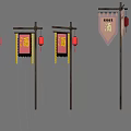 Multiple Traditional Chinese Tavern Signs with Red Lanterns and Hanging Banners
