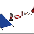 Emergency Response Equipment Collection With Blue Stretcher Lifebuoy Fire Extinguisher And Red First Aid Bag