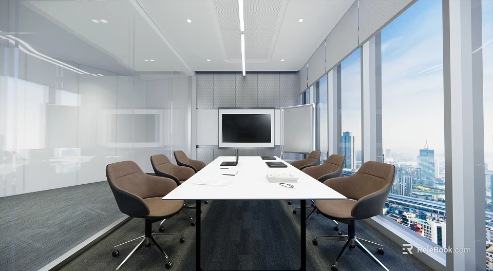 Modern Conference Room Interior Design With Long White Table Brown Chairs And City View Windows 3d model 