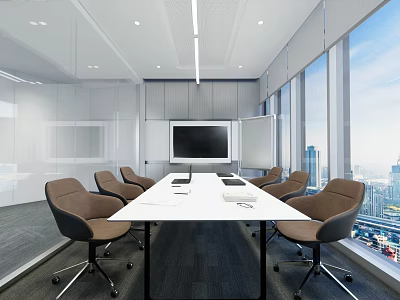 Modern Conference Room Interior Design With Long White Table Brown Chairs And City View Windows 3d model