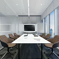Modern Conference Room Interior Design With Long White Table Brown Chairs And City View Windows