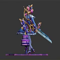 Colorful Haired Character In Blue Dress With Giant Scissors And Blue Cat Holding Cake