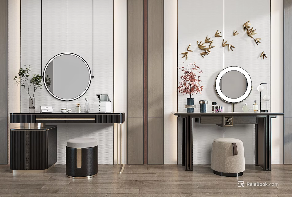 Modern Dressing Tables With Round Mirrors Stools Vases And Gold Leaf Wall Decor 3d model