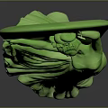 Green Female Sculpture With Flowing Dress And Circular Handheld Object Design