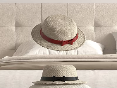 Elegant Straw Hats With Red And Black Ribbon Bows On Bed 3d model