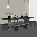 Minimalist Tea Table And Chairs With Bench Stools Tea Set Vase And Hanging Lamp