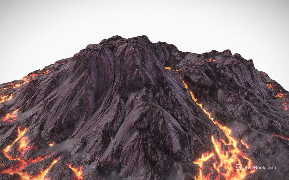 Volcanic Landscape Featuring Active Volcano Flowing Lava Streams And Rugged Mountain Terrain 3d model