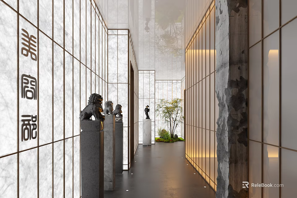 Chinese Style Elevator Corridor With Sculptures Lighting And Greenery 3d model 