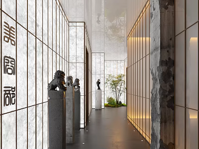 Chinese Style Elevator Corridor With Sculptures Lighting And Greenery 3d model