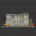 Small Construction Shed With Roof Structure Platform Base Blue Barrels Yellow Tools And Traffic Cone